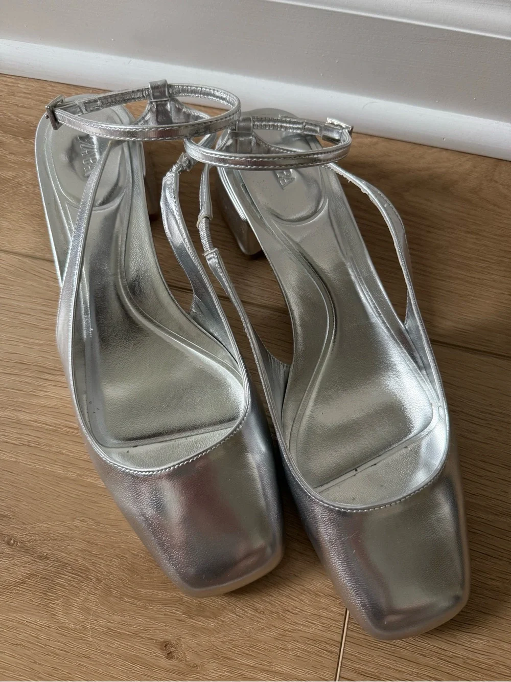 Zara Silver Ankle-Strap Square-Toe Heels - Women